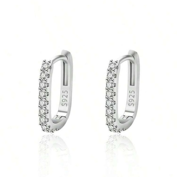 Sterling Silver Cubic Zirconia Rectangular Hoop Earrings - Picture 2 of 4